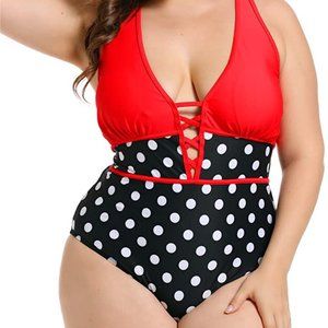 Women One Piece Plus Swim Red and Polkadot XXL